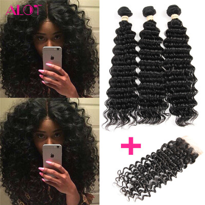 

Alot Hair Deep Curly Indian Deep Wave Weave Weft 3 pcs plus 4*4 Closure Bundles With Closure Indian Human Hair