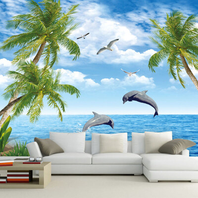 

Custom photo wallpaper Large mural TV background wall scenery wallpaper 3D simple Mediterranean blue sky sea dolphin wallpaper