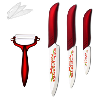 

Red Kitchen Knife Christmas Gift 4 Piece Set Peeler + 3" 4" 5" Home Ceramic Knife ABS + TPR Handle Christmas Cooking Tools