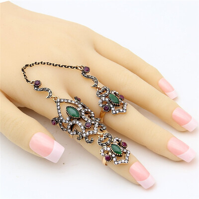 

Vintage Turkish Women Flower Resin Adjustable Double Finger Ring Arabesque Crystal Jewelry Antique Gold Color Wedding Anillos