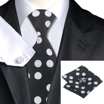 

N-0792 Vogue Men Silk Tie Set Black Polka Dots Necktie Handkerchief Cufflinks Set Ties For Men Formal Wedding Business wholesale