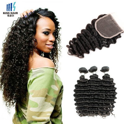 

kisshair deep wave hair weft nature color raw Indian human hair 8A grade remy hair bundles with closure