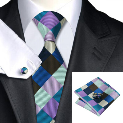 

N-0413 Vogue Men Silk Tie Set Plaids&Checke Necktie Handkerchief Cufflinks Set Ties For Men Formal Wedding Business wholesale