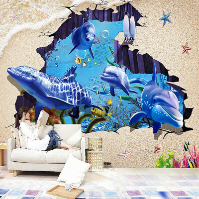 

Free Shipping Underwater world beach 3d space dolphin TV backdrop floor wallpaper store amusement custom floor mural 250cmx200cm