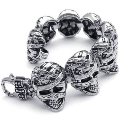 

Hpolw Heavy silver&black Stainless Steel Gothic Mummy Skull/skeleton Biker Men's Key buckle Bracelet/Bangle