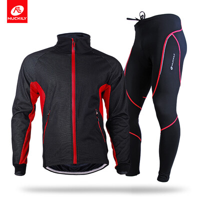 

NUCKILY Mens Winter Cycling Suit Water Resistant Road Bike Sportswear Mesh Fabric With Fleece Lining Jersey Set