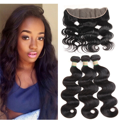 

MORICHY Body Wave 3 Bundles with Frontal Closure 7A Unprocessed Peruvian Body Wave Human Hair with Ear to Ear Lace Frontal Closure