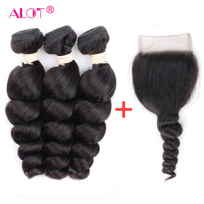 

Alot Human Hair 3+1 Indian Remy Hair Loose Wave with Closure Loose Wave Natural Color Lace Closure