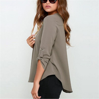 

8 Colors Large Size Female V Collar Long Sleeve Corrugated Sleeve Easy Shirt plus size S-5XL