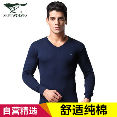 

Семь волков термического нижнего белья мужской хлопок Qiuyi Qiuku V-образным вырезом костюм тонкой секции ватные куртки куртка линии штаны сплошной цвет V-образный вырез 98165 Navy Blue XL