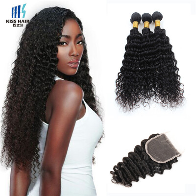 

kisshair deep wave hair weft 3 bundles with 44 lace closure raw Indian temple hair weaving