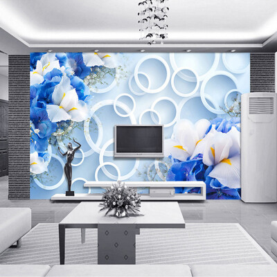 

Custom Photo Wall Paper Modern Fashion 3D Circles Blue Floral TV Background Mural Non-woven Fabric Wallpaper For Bedroom Walls