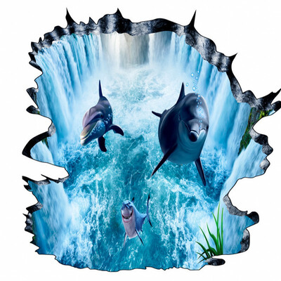 

Free Shipping 3D Waterfall Dolphin Water flooring painting square balcony decorative self-adhesive floor mural 250cmx200cm
