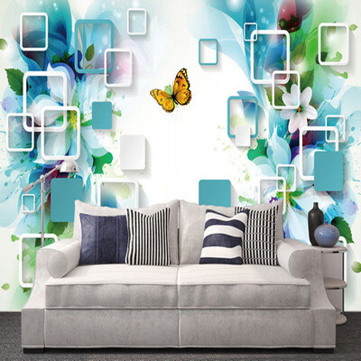 

3D обои Современные творческие синие цветы Бабочка Геометрия Mural Living Room Backdrop Ресторан Простой домашний декор Стены