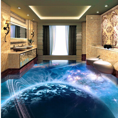 

Free Shipping 3D fantasy cosmic planet spacecraft floor tile painting mural decorating living room hotel floor sticker 250cmx200cm