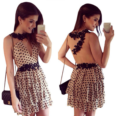 

Lovaru ™New 2015 fashion bud silk gauze backless Black Lace chiff dress sexy casual dress