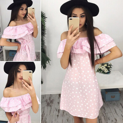 

Lovaru ™ 2017 Dress Girl New Arrival Women Dress Fashion Cute Loose Dot Slash Neck Casual Beach Wear Mini Dress