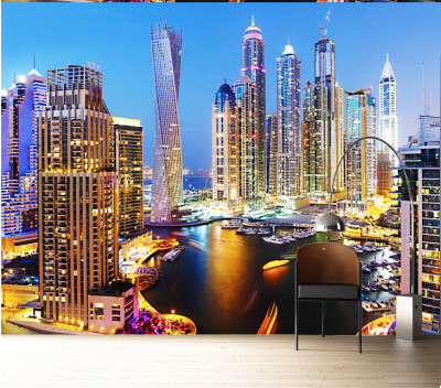 

Custom 3d mural Dubai night living room wallpaper 3D wallpaper City landscape color personalized large mural wallpaper