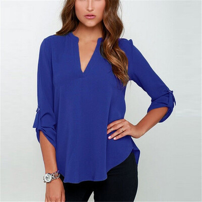 

8 Colors Large Size Female V Collar Long Sleeve Corrugated Sleeve Easy Shirt plus size (S-5XL)