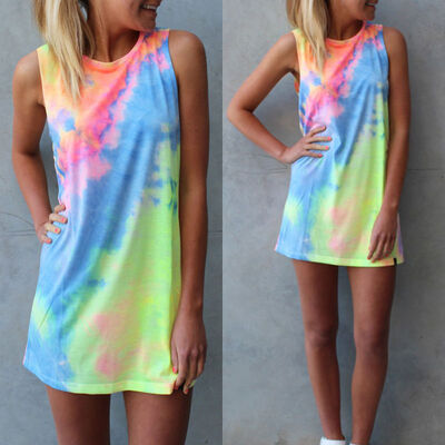 

CANISNew Summer Sexy Womens Sleeveless Colorful Painted Casual Mini Dress