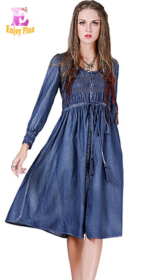 

M L High Quality chest 96-100cm vintage cotton autumn 2017 blue long jeans dress women long sleeve denim mid calf a line lady