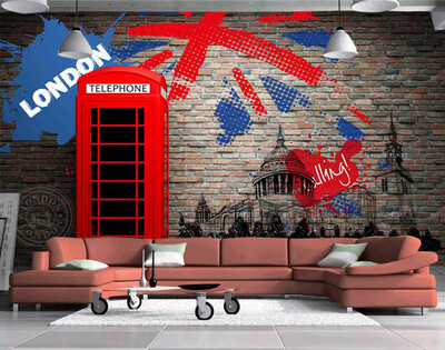

Custom photo wallpaper European&American vintage 3d red phone booth booth brick wall lobby decoration mural