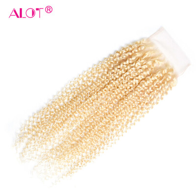 

Alot Hair Kinky Curly Lace Closure Free Part Color Blonde 10 inch -20 inch Peruvian Virgin Human Hair Closure 44 inch
