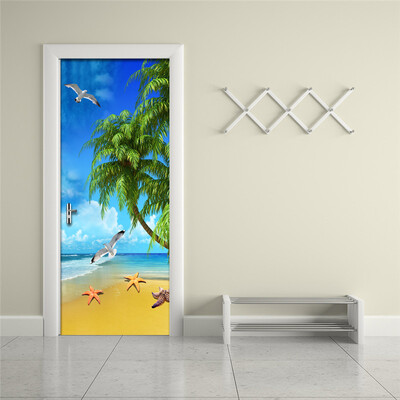 

3D Wall Mural Door Sticker Mediterranean Seascape Beach Photo Wallpaper PVC Waterproof Door Renovation Stickers 77cm x 200cm