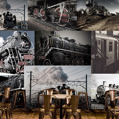 

3D photo wallpaper retro 3D train head wallpaper mural train themed restaurant cafe KTV bar background wall wallpaper