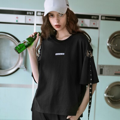 

PASS tide brand summer white t-shirt female loose shoulders with short-sleeved short-sleeved personality jacket 6820131120 black