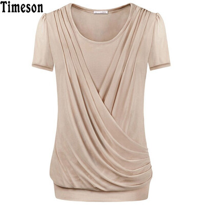 

Timeson 2018 Summer Tops Front Fold Women Short Sleeve T-shirt Casual Plus Size Female Knitted Stretch Solid Tee