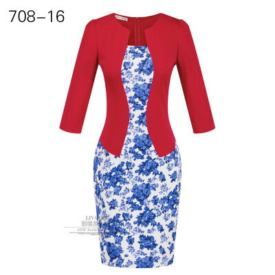 

Women Work Dress Longsleeve Spring new European station grid Pencil Skirt fake two Professional dress L13