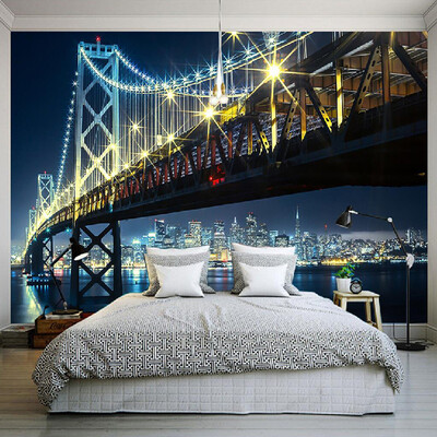 

Custom 3D HD Photography Photo Wallpaper Modern City Night Views Bridge River Wall Mural Non-woven Wall Paper For Bedding Room
