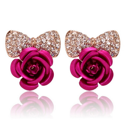 

New Fashionable Stud Earrings Rhinestone Bow Jewelry Elegant Sweet Cute Rose