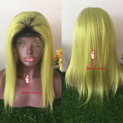 

Virgin Brazilian Ombre Silky Straight Glueless Full Lace Human Hair Wigs Black&light green Lace Front Wigs 130 Density Bleache