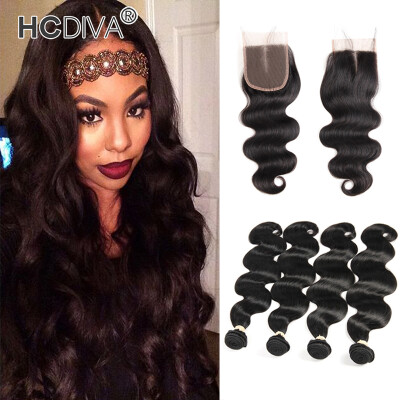 

HCDIVA Mongolian Virgin Hair Body Wave 4 Bundle with Lace Closure with Baby Hair For Black Women Human Bundle Hair with Closure