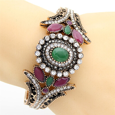 

Exclusive Turkish Women Flower Bracelet Bangle Resin Rhinestone Jewelry Cuff Antique Gold Color Paisley Pattern Bridal Jewelry