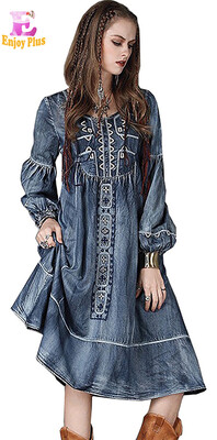 

L High Quality chest 92-96cm vintage cotton autumn 2017 blue long jeans dress women long sleeve denim embroidery mid calf lady