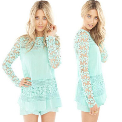 

CANIS@Fashion Women's Loose Chiffon Tops Long Sleeve Lace Crochet Shirt Casual Blouse