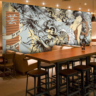

Photo wallpaper 3D cartoon hand-painted Hot pot shop Japanese food sushi ladies large mural wallpaper
