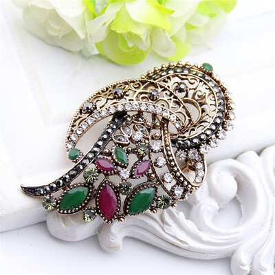 

vintage Women Bow Turkish Brooch Multicolor Resin Flower Jewelry Hollow Out Antique Gold Color Brooch Broches Festival Gift
