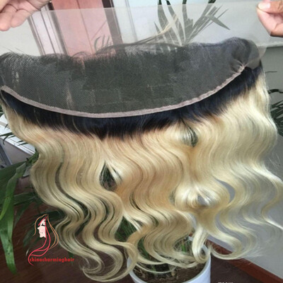 

10A Grade Virgin Brazilian Blonde Ombre Hair Lace Фронтальное закрытие 13x4 Отбеленные узлы # 1B / 613 Темные корни Ombre Body Wave Full Lace