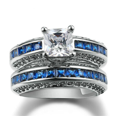 

Silver Color Square Blue CZ Stone Ring Sets Luxury Design Trendy Rings Full Size Fashion Jewelry R693