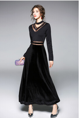 

Quzihua 2018 New Spring V-Neck Black Velour Dress Full Sleeve Slim Casual Dress