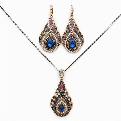 

Vintage Turkish Women Long Hook Dangle Earring Water Drop Pendant Necklace Jewelry Sets Antique Gold Color Resin Ethnic Bijoux