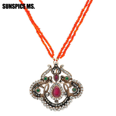 

Elegent Turkish Ethnic Seed Bead Long Pendant Necklace Antique Resin Hollow Flower Necklace Sets Indian Bohemia Vintage Jewlery