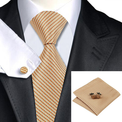 

N-0688 Vogue Men Silk Tie Set Yellow Stripe Necktie Handkerchief Cufflinks Set Ties For Men Formal Wedding Business wholesale