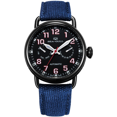 

Seagull Watch Multifunction Series Black Disc Blue Canvas Strap Automatic Mechanical Mens Watch 8112355026H