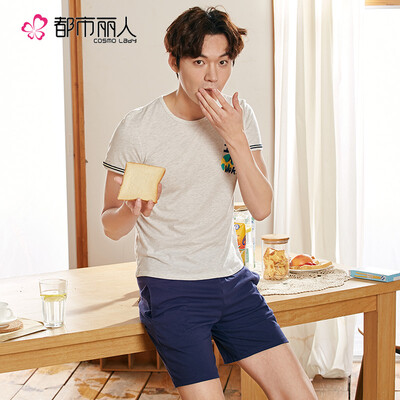 

Urban front still mens pajamas cotton short-sleeved shorts fresh Korean version of the home service suit FH7001 light gray strip L