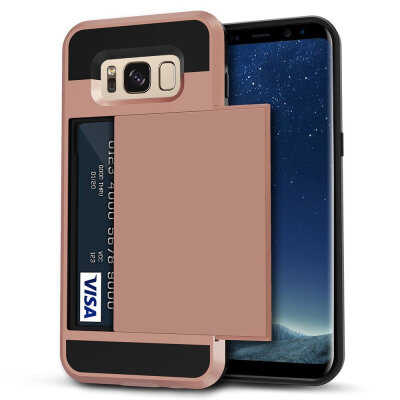 

Galaxy S8 Plus Case Wallet Slide Cover Card PocketHard Shell Shockproof Rubber Bumper Case With Slidable Card Slot Holder